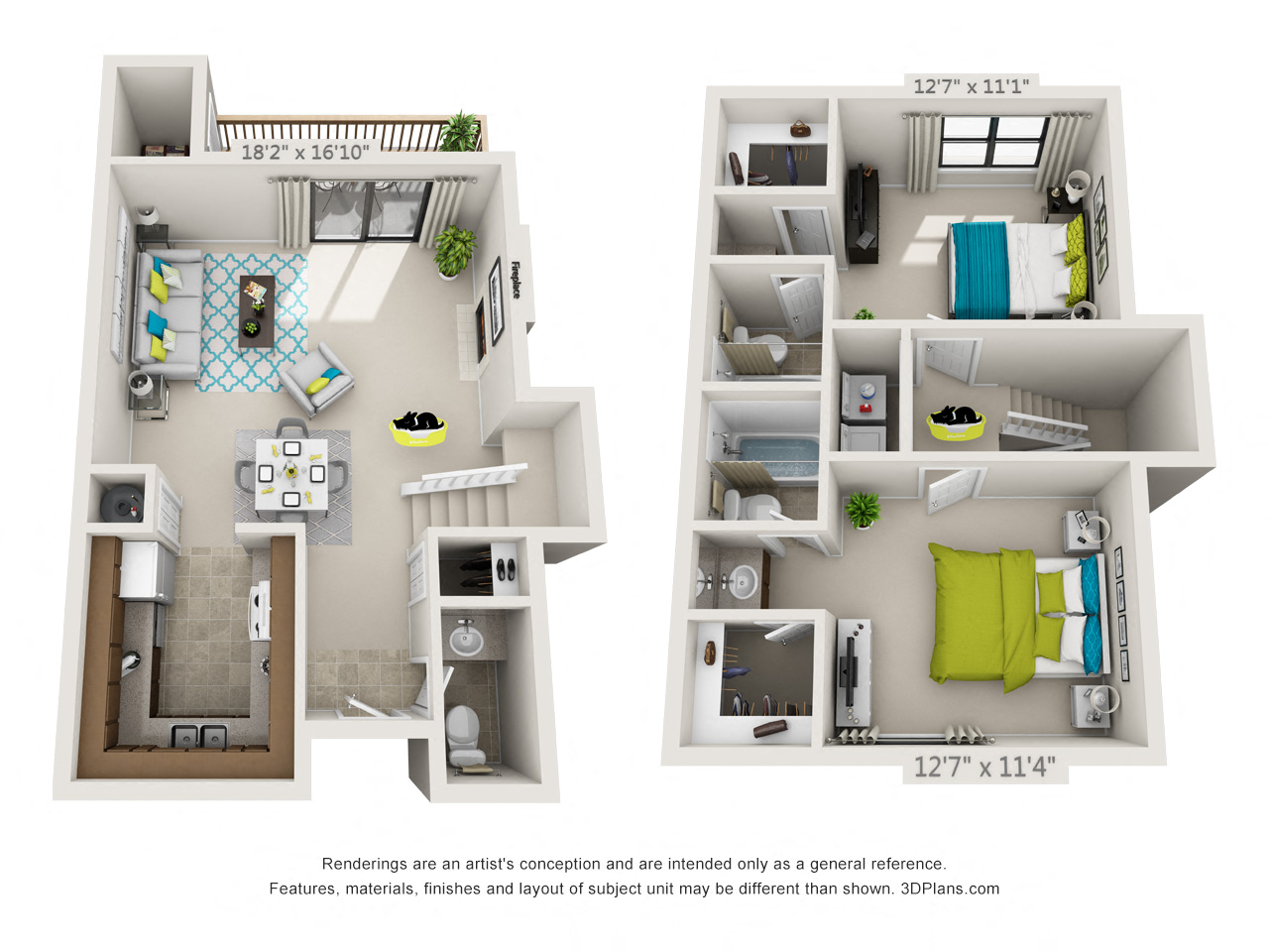 Floor plan for 2 beds, 2.5 baths, 950 sqft